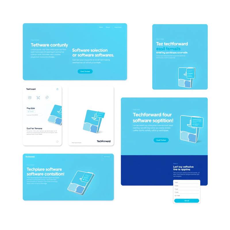 Digital marketing campaign visuals for 'TechForward', highlighting social media ads, email templates, and landing page promotions for their new software release.
