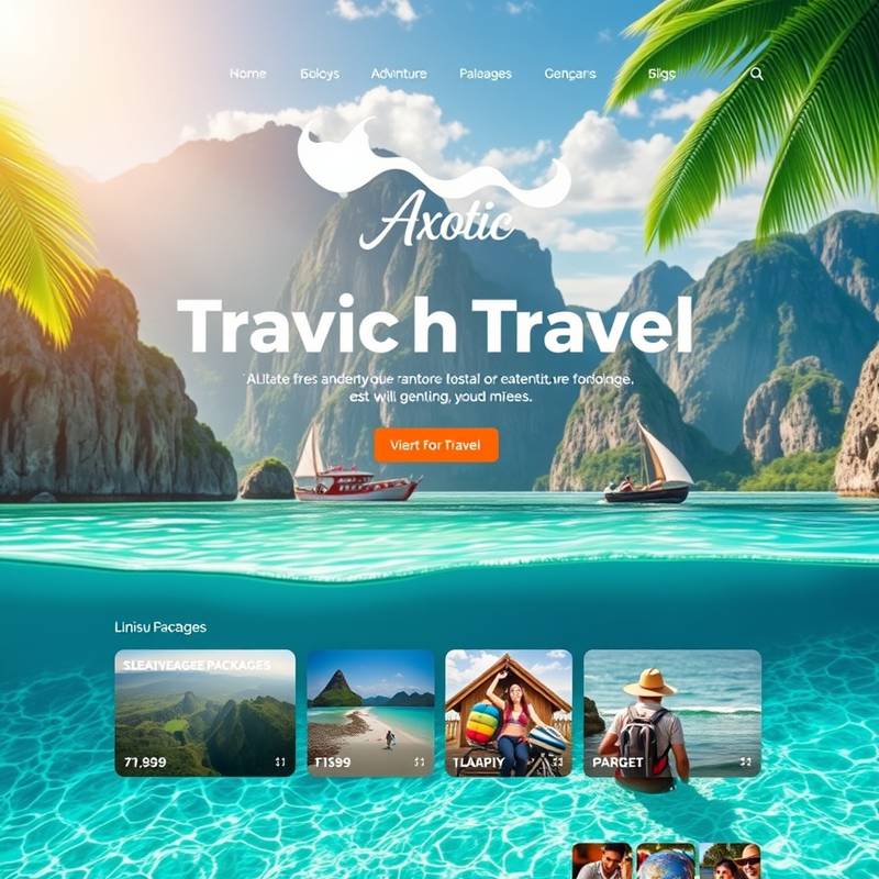 Landing page design for TravelExplore, featuring stunning photography of exotic travel destinations and a clear call-to-action for booking adventure travel packages.