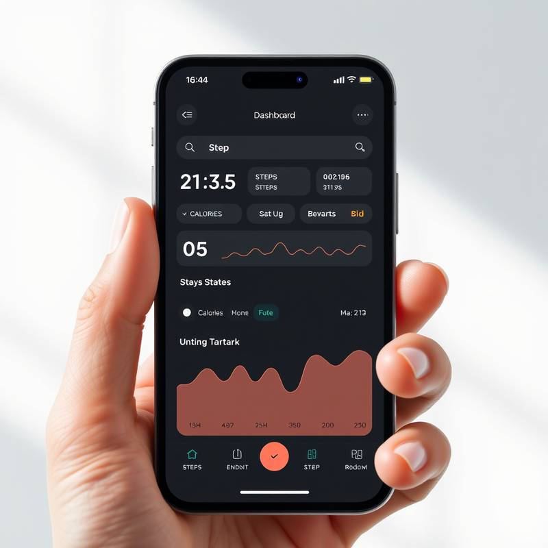 Mobile app interface for FitTrack, showing a dashboard with fitness tracking statistics, including steps, calories burned, and heart rate.