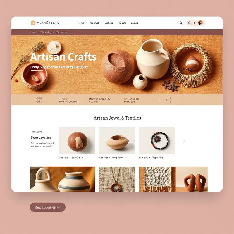 Online store design for ArtisanCrafts, showcasing a variety of handmade goods, including pottery, jewelry, and textiles, in a visually appealing layout.
