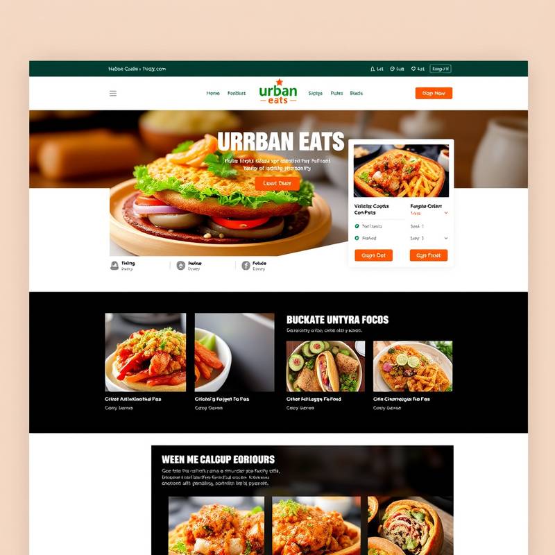Website design for 'Urban Eats', featuring a vibrant and user-friendly interface, showcasing menus, online ordering options, and customer reviews.